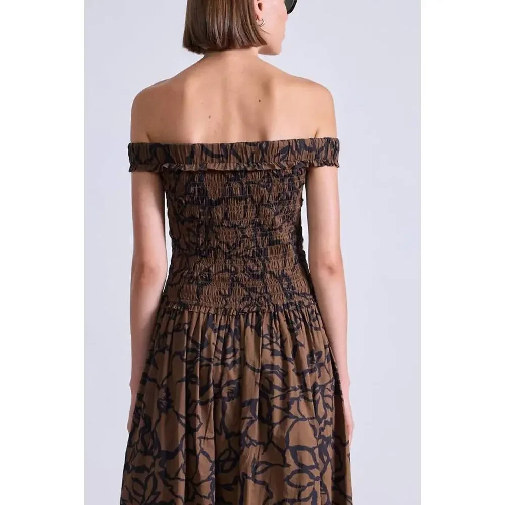 Apiece Apart Britt Off The Shoulder Maxi Dress in Large Lace Floral Chocolate XS - Picture 4 of 5